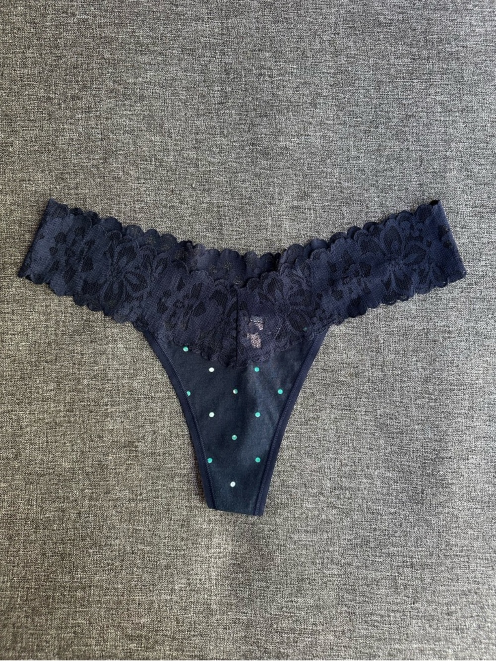 NWT Victoria’s Secret Stretch Cotton Lace Waist Thong Panty Navy Polka Dot